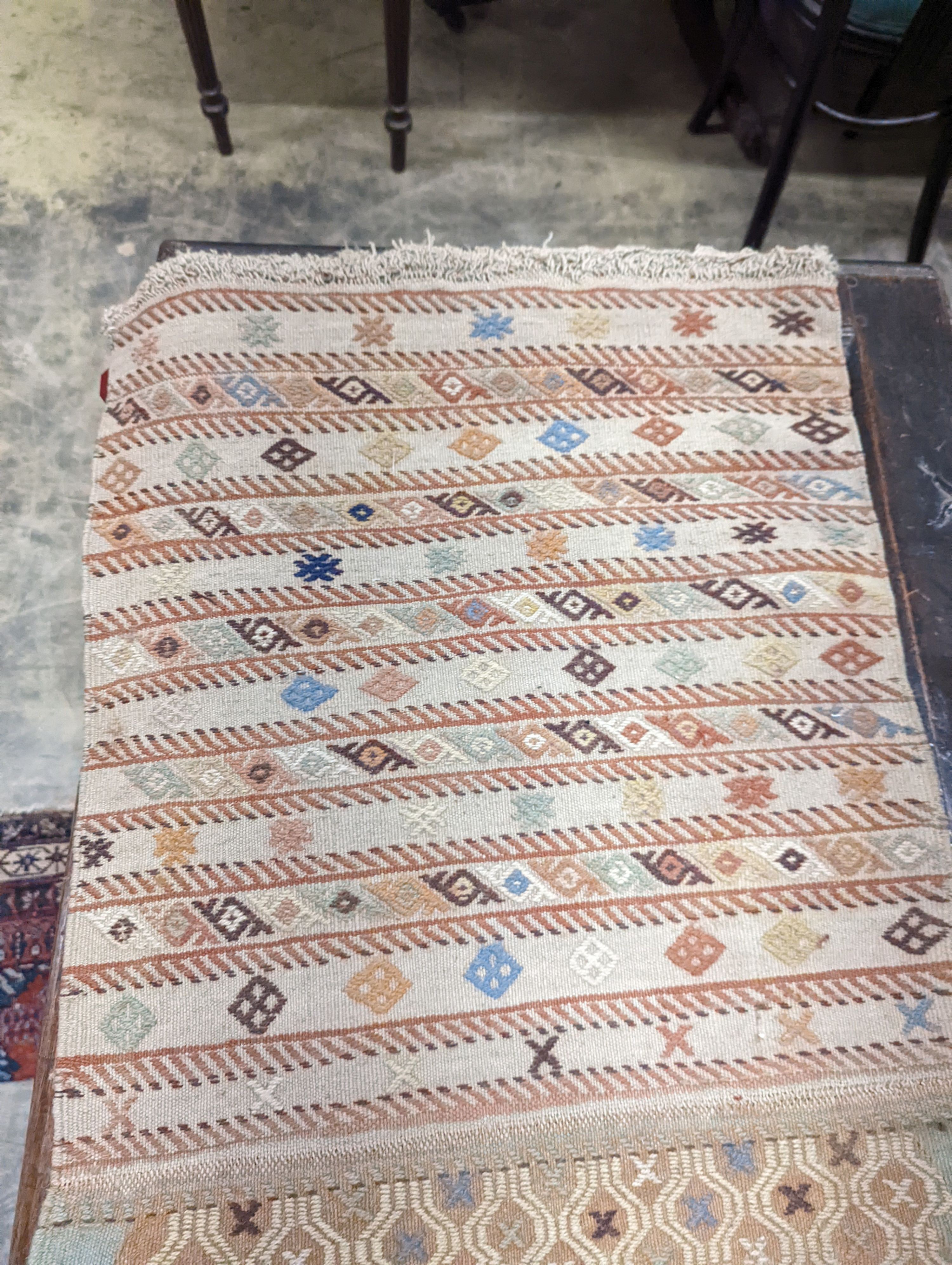 A Greek islands embroidered triple Kilim panel, 180 x 57cm and a small worn Kelim rug, 148 x 97cm